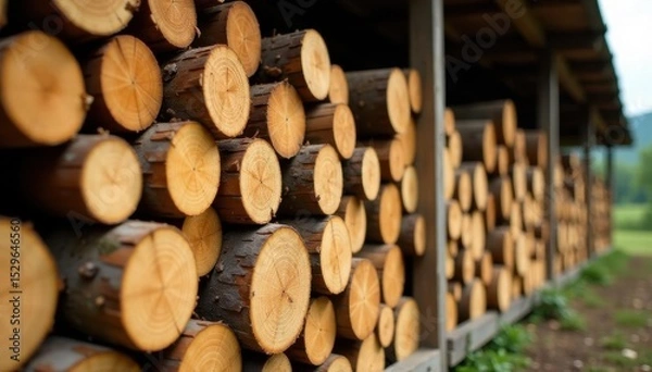Fototapeta Tight shot of neatly arranged cut logs in outdoor storage , close-up, pile, ready