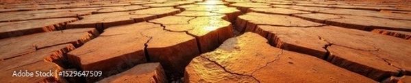 Fototapeta Network of deep cracks in baked earth, showing layered sediment, cracked ground, heat