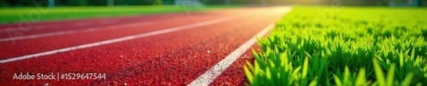 Fototapeta High-angle view, artificial grass meets red running track, top view, fitness, red