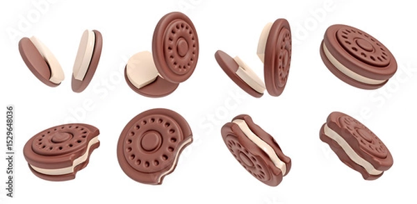 Fototapeta Chocolate Sandwich Cookie with a creamy filling 3d icon set include cookie bitten off and split in half