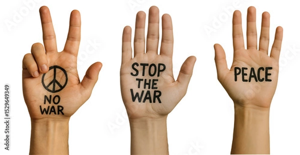 Fototapeta No War Hands PNG – Peace and Protest Messages Written on Raised Hands – Stop War Concept – Transparent Background
