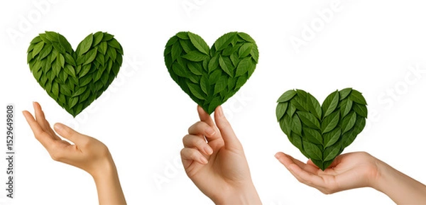 Fototapeta Eco Heart in Hands PNG – 3D Green Leaf Symbol of Sustainability and Environmental Love – Transparent Background
