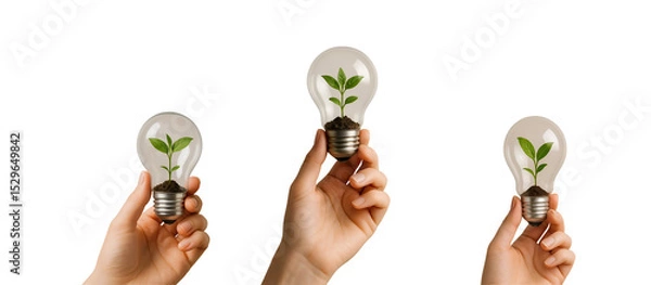 Fototapeta Sustainable Innovation PNG – 3D Light Bulbs with Growing Plants Held in Hands – Eco-Friendly Symbol – Transparent Background
