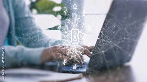 Fototapeta Artificial intelligence technology concept. A person using artificial intelligence technology in daily work, symbolizing the integration of AI into business and modern life.