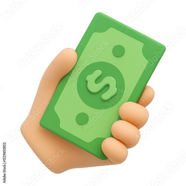 Fototapeta hand holding green dollar 3d render icon isolated on transparent background cutout