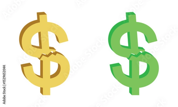 Fototapeta Isolated cracked dollar symbol with green and yellow color. Money decrease, falling value, currency depreciation, price down, profit loss, warning of financial crisis, recession.
