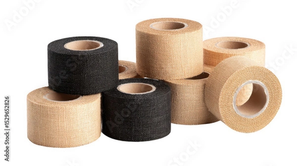 Fototapeta Reusable face tapes rolls in black and beige colors for lifting and supporting skin, isolated on transparent background, creating a professional and convenient beauty solution