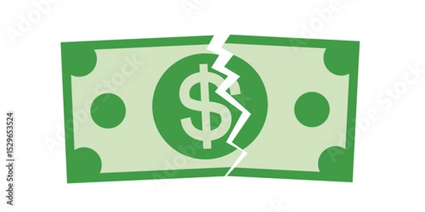 Fototapeta Torn dollar banknote with green color illustration vector design. Money decrease, falling value, currency depreciation, price down, profit loss, warning of financial crisis, recession.