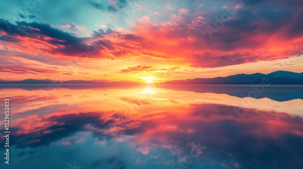 Obraz Reflection in calm water of orange sunset sky