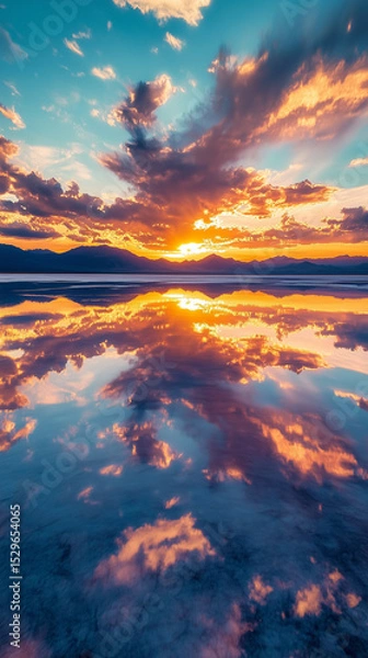 Obraz Dramatic summer sunset with reflection in calm water surface