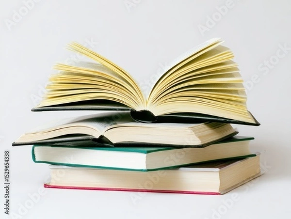 Fototapeta Stack Of Books With Open Pages, Showcasing Education And Lifelong Learning, Representing Knowledge Acquisition and Personal Development : Generative AI