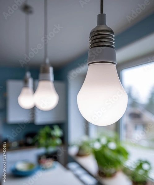 Fototapeta Three Modern LED Light Bulbs Hanging in a Bright Kitchen, Symbolizing Innovation and Energy Efficiency for Sustainable Living and Home Improvement : Generative AI