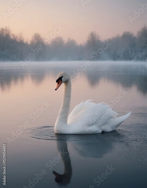 Fototapeta Elegant swan gliding gracefully across a serene lake at dawn, surrounded by misty trees and soft pastel colors reflecting on the water's surface