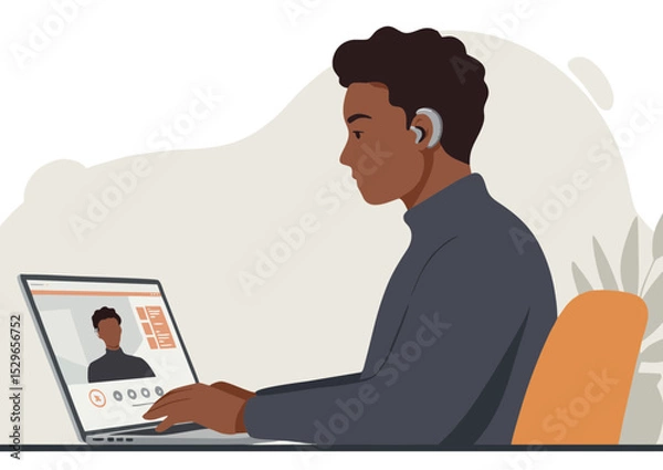Fototapeta Modern illustration of a man working on a laptop with a headset in a minimalistic home office setting
