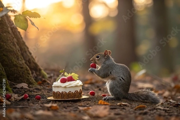 Obraz A squirrel eating a berry next to a small cake decorated with berries in a forest setting