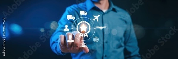 Fototapeta A person interacts with a digital interface showcasing global logistics solutions.