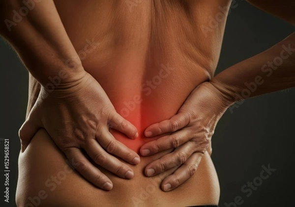 Obraz Person is touching their lower back in pain, tension in muscles