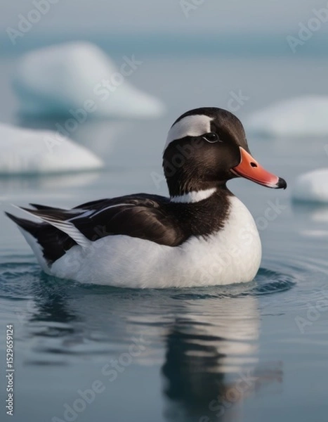Fototapeta Duck swimming gracefully in calm waters, surrounded by floating icebergs, showcasing vibrant plumage and serene natural habitat, reflecting tranquility and wildlife beauty