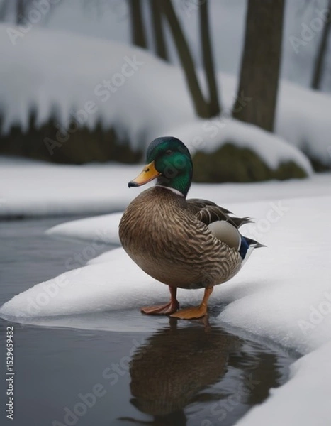 Fototapeta Male duck standing on the edge of a frozen pond, surrounded by snow-covered ground and trees, reflecting its vibrant colors in the icy water, showcasing winter wildlife beauty