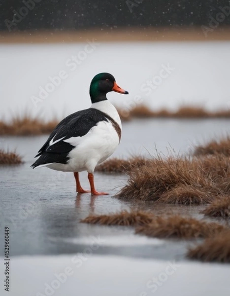 Fototapeta Male duck standing on frozen wetland, surrounded by brown grass, showcasing vibrant plumage and natural habitat, emphasizing wildlife in winter setting