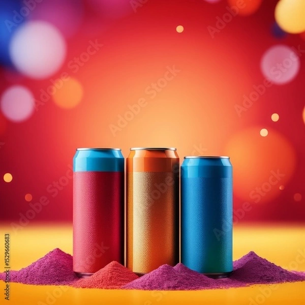 Obraz Three Colorful Cans or Bottles on a Reflective Surface, Illuminated by Bokeh Lights, Suggesting Beverages.
