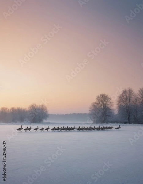 Fototapeta Flock of birds gracefully moving across a snowy landscape at dawn, surrounded by frosted trees and a pastel sky, capturing the serene beauty of winter wildlife