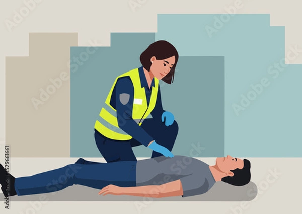 Fototapeta Illustration of a female first responder providing medical assistance to a man lying on the ground in an urban setting