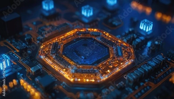 Fototapeta Smart microchip background on a motherboard closeup technology
1