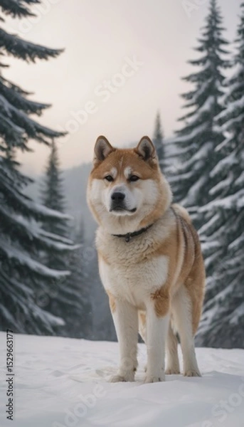 Fototapeta Majestic dog standing in a snowy landscape surrounded by evergreen trees, showcasing its thick fur coat and alert expression in a serene winter environment