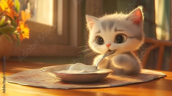 Fototapeta Feed the cat with yogurt from a spoon at home