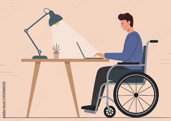 Fototapeta Illustration of a young man in a wheelchair working on a laptop at a desk, emphasizing inclusivity and productivity