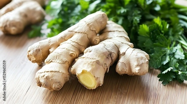 Fototapeta Food preparation on a wooden kitchen work surface with parsley and root ginger high key lighting