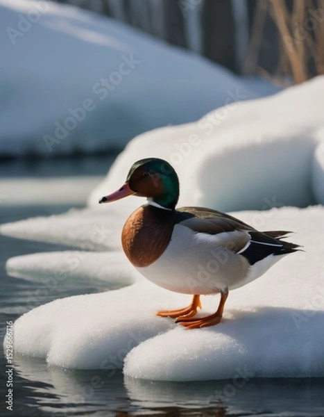 Fototapeta Colorful male duck standing on a snow-covered ice floe in a serene winter landscape, reflecting nature's beauty and tranquility in a peaceful environment