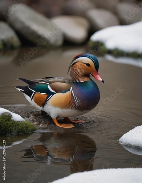 Fototapeta Colorful mandarin duck standing gracefully in a serene pond, surrounded by snow and smooth stones, showcasing vibrant plumage and tranquil winter scenery