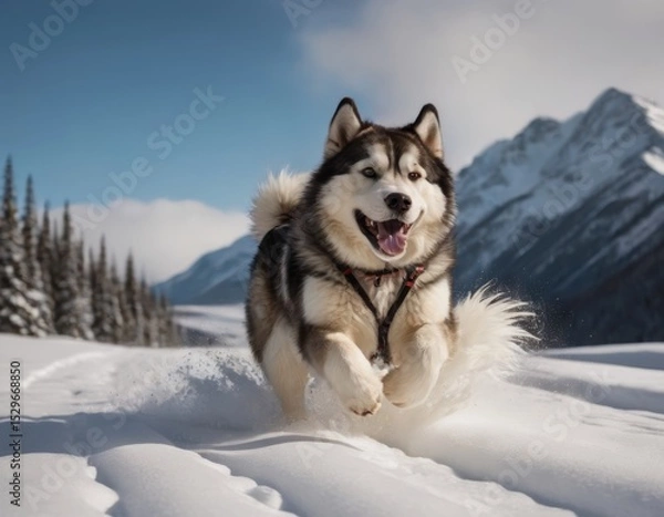Fototapeta Happy dog running joyfully through fresh snow in a winter landscape, surrounded by tall evergreen trees and majestic mountains, capturing the essence of outdoor adventure and playfulness