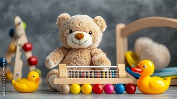 Fototapeta front view of some baby toys on table with gray background there is a teddy bear musical instrument and a wooden duck with wheels