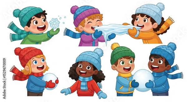 Fototapeta  Children cartoon characters eating snow licking icicle catching snowflake vector illustration