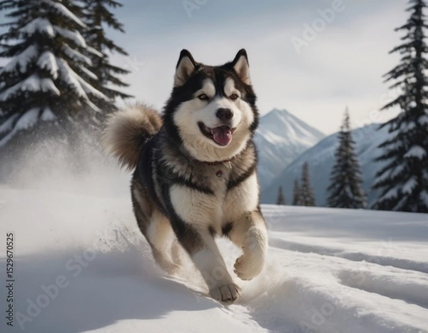 Fototapeta Happy dog running through fresh snow in a winter landscape, surrounded by tall evergreen trees and majestic mountains, showcasing playful energy and natural beauty