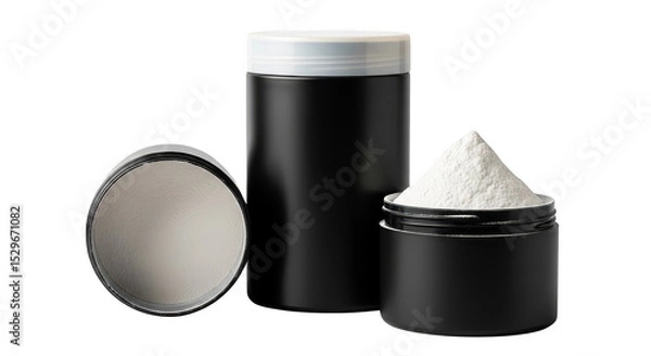 Fototapeta Black containers of nutritional supplements on black background
