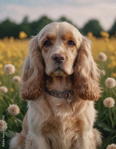 Fototapeta Golden cocker spaniel dog sitting in a vibrant yellow flower field, showcasing its expressive eyes and fluffy fur, embodying a serene and joyful atmosphere of nature