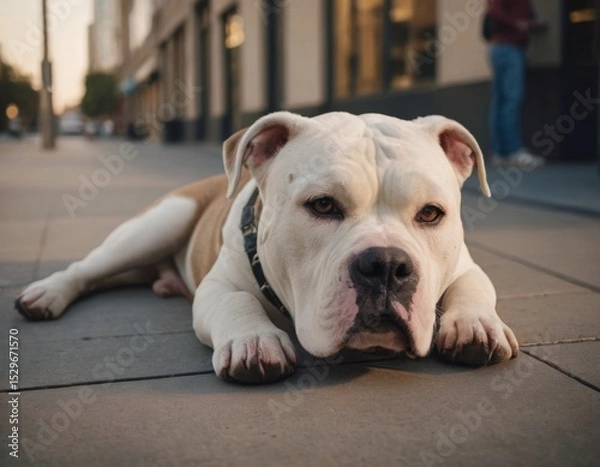 Fototapeta Relaxed dog lying on sidewalk during sunset, showcasing its calm demeanor and unique coat patterns, surrounded by urban environment and soft evening light