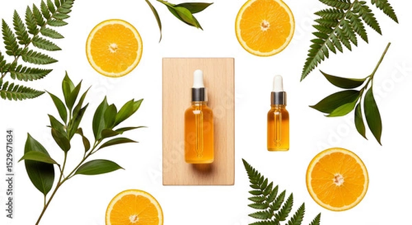 Fototapeta Citrus essence radiant skin elixir amid lush botanicals