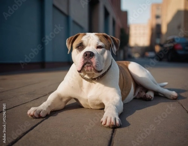 Fototapeta Dog lying on a city street, showcasing its relaxed demeanor, with urban buildings in the background, capturing the essence of a peaceful moment in a bustling environment