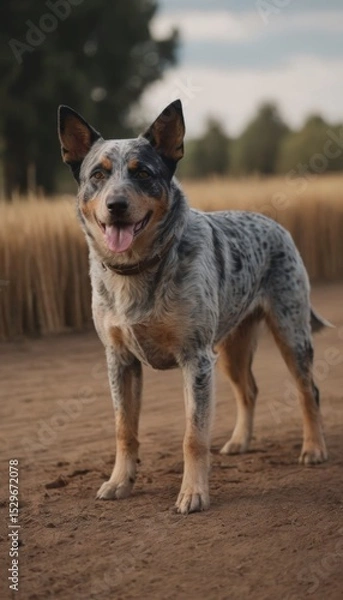 Fototapeta Blue heeler dog standing proudly on a dirt path surrounded by golden wheat fields, showcasing its playful demeanor and vibrant coat in a natural outdoor setting