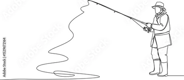 Obraz continuous single line drawing of fisherman with fishing rod, line art vector illustration