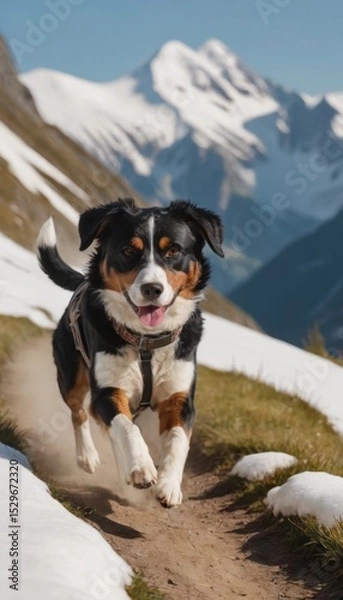 Fototapeta Energetic dog running joyfully along a snow-covered trail in the mountains, showcasing the beauty of nature and the spirit of adventure in a stunning outdoor landscape