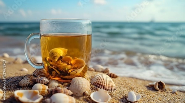 Fototapeta glass of tea with shells on summer beach