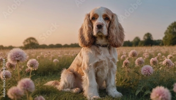 Fototapeta Cocker spaniel dog sitting gracefully in a vibrant field of blooming flowers during golden hour, showcasing the beauty of nature and companionship in a serene environment