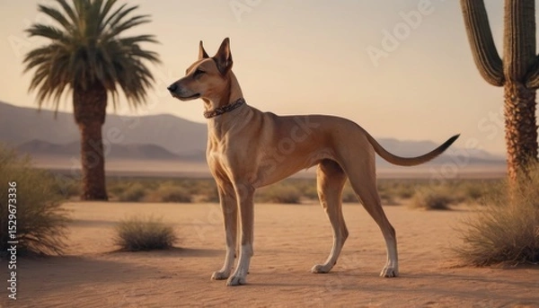 Fototapeta Dog standing proudly in a desert landscape, surrounded by palm trees and cacti, showcasing the beauty of nature and the elegance of the animal in a serene environment