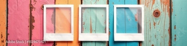 Fototapeta Three blank polaroid frames on vibrant wood grain background, space, vintage, background